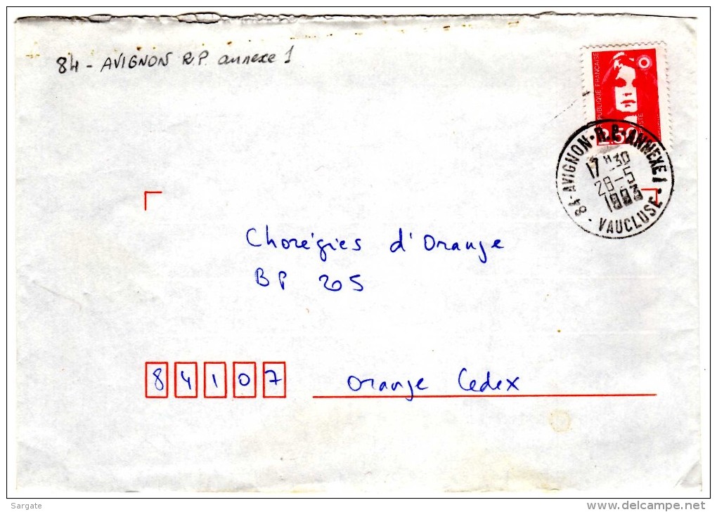 84 - AVIGNON-R.P-ANNEXE 1 - VAUCLUSE  == 28.5.1993 == S/2.50 Marianne De Briat Rouge - Handstempel