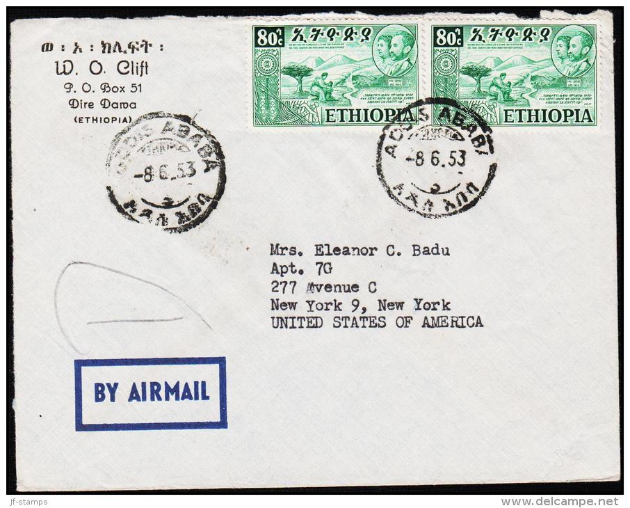 1953. 2 X 80 C. ADDIS ABABA 8.6.53.  To USA.  (Michel: 323) - JF181743 - Äthiopien