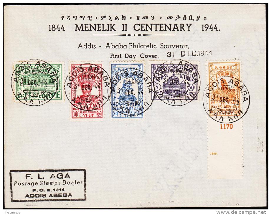 1944. Meneliks. 5 Ex. FDC ADDIS ABABA 31 DEZ 44.  (Michel: 212-216) - JF181708 - Äthiopien