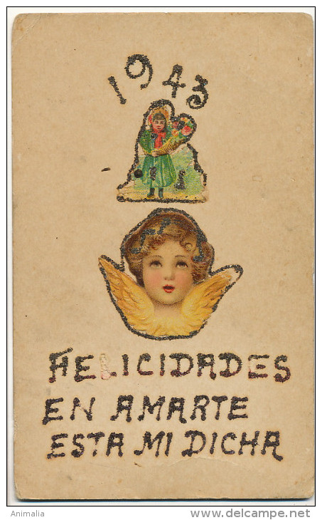 Angelot Chromo Bonne Année 1943 Carte Cuba Dos Non Carte Postale Cupid Millesime - Anges