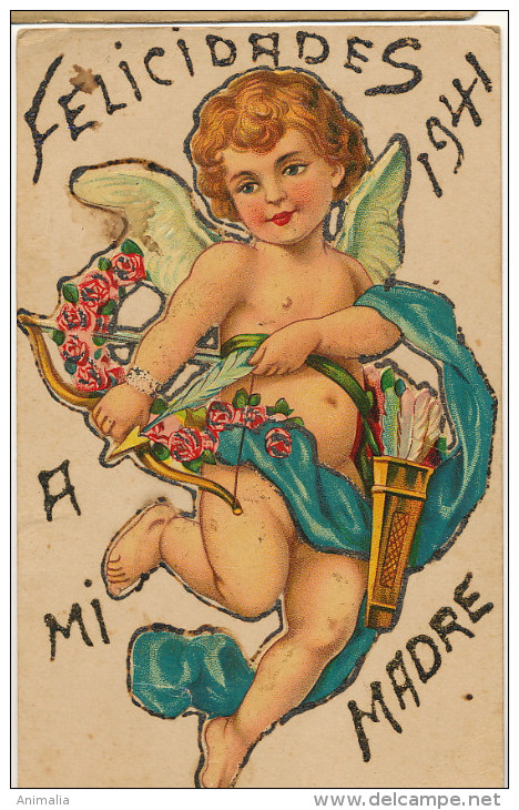 Angelot Chromo Bonne Année 1941 Carte Cuba Dos Non Carte Postale Cupid Millesime Tres Belle - Anges