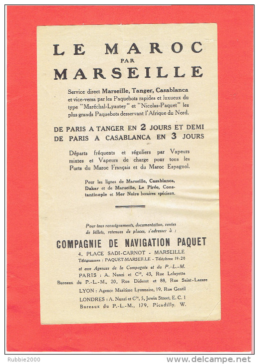 AFFICHETTE COMPAGNIE NAVIGATION PAQUET LIAISON MARSEILLE CASABLANCA MAROC ET TANGER ALGERIE NAVIRE MARECHAL LYAUTEY - Other & Unclassified