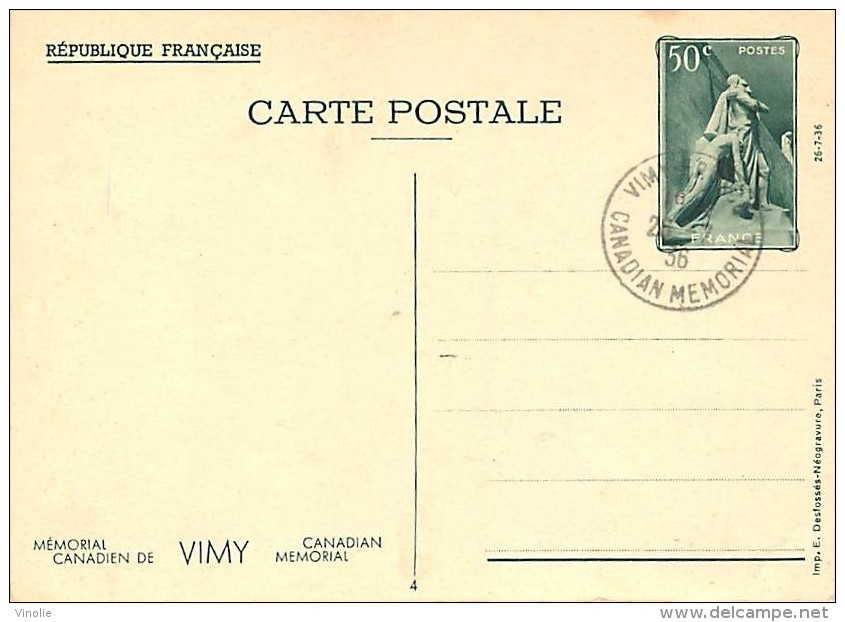 OR15-466 : ENTIER POSTAL MEMORIAL CANADIEN  VIMY - Standard- Und TSC-AK (vor 1995)