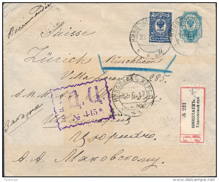 Russia Ukraine 1917 Registered Cover NIKOLAEV Cherson Gub Via Odessa To Rüschlikon Switzerland (2639) - Storia Postale