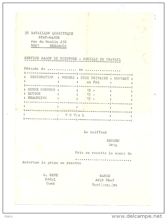 Caserne De BRESSOUX - Facture Du Salon De Coiffure - Armée Belge (b179) - Autres & Non Classés