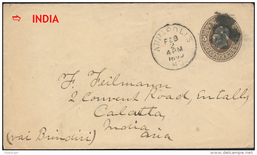 USA Stationery Envelope 1890 ANNAPOLIS Via Baltimore Brindisi Aden SEA POST OFFICE To Calcutta India (3267) - Storia Postale