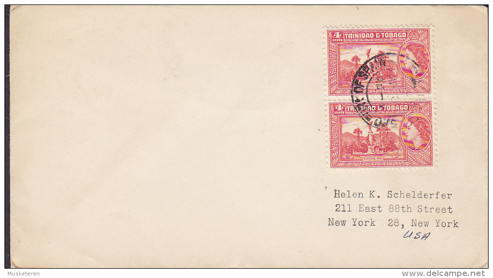 Trinidad & Tobago PORT OF SPAIN 195? Cover Brief NEW YORK, USA 2x 4 C. QUII & Memorial Park Stamps - Trinité & Tobago (...-1961)