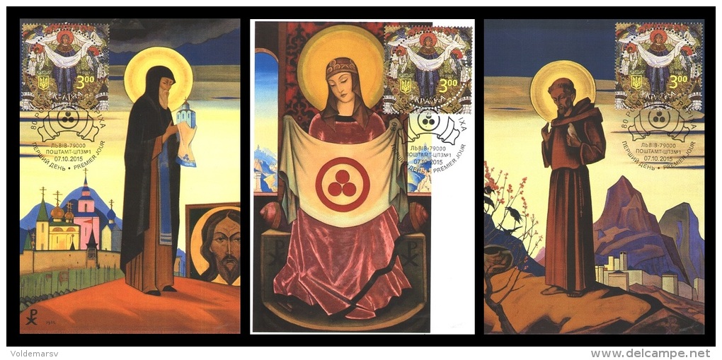 Maxicard Ukraine 2015 Mih. 1508 Protection Of Monuments. Paintings. Triptych Madonna Oriflamma (3 Maxicards) - Ucrania