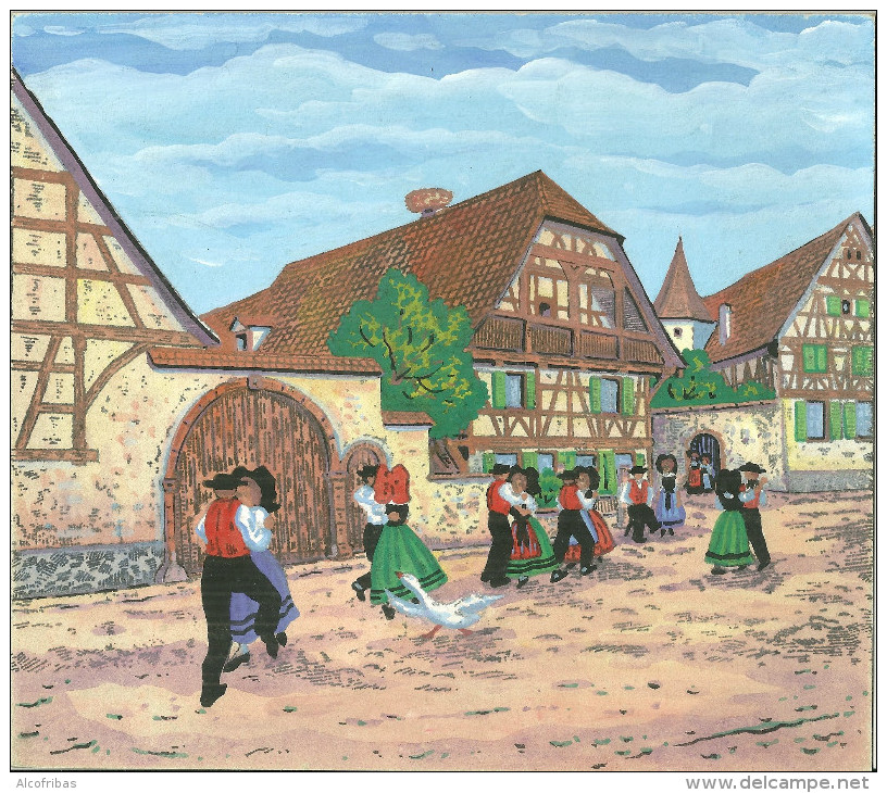 Dessins Lot De 3 Pochoir Et Gouache Maison Alsacienne Danse Folklore Alsace Fete Au Village 67 68 - Autres & Non Classés