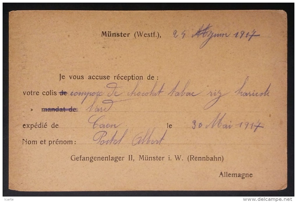 CP Accusé-Réception COLIS PRISONNIER DE GUERRE Camp De MÜNSTER 2 Rennbahn Pour Comité De Secours CAEN 1917 - WW I