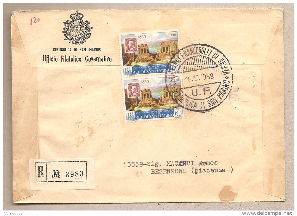 San Marino - Busta FDC Raccomandata Usata Per L´Italia: F.bolli Di Sicilia - 1959 - Storia Postale