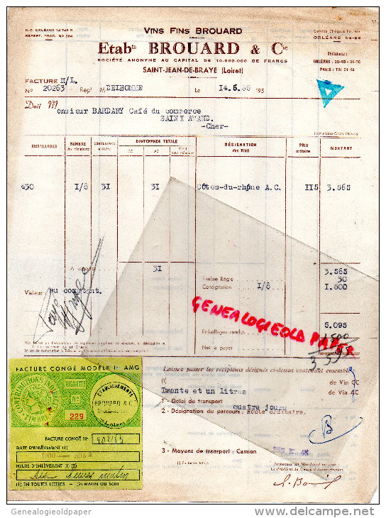 45 - ST SAINT JEAN DE BRAYE - FACTURE ETS BROUARD -VINS FINS - COTE DU RHONE- 1955- REPRESENTANT M. DELHOMME - 1950 - ...