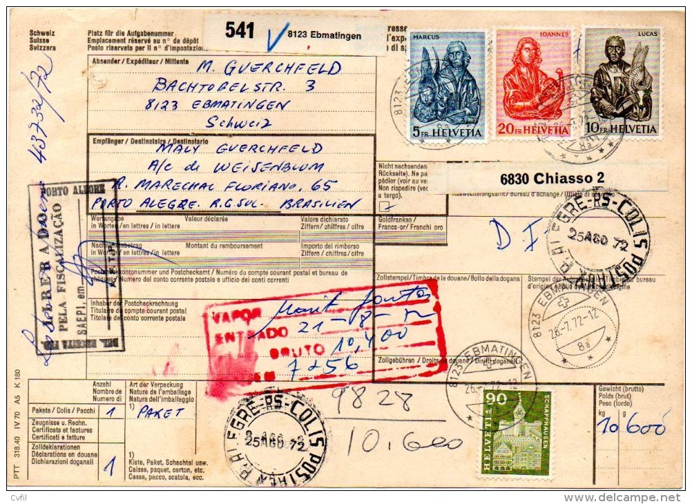 SWITZERLAND / SUISSE 1972 - Bulletin D'expédition 541 By Air Mail To Porto Alegre, RG,  Brazil - Covers & Documents