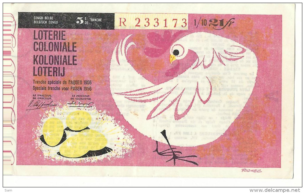 LOTERIE COLONIALE 1956  KOLONIALE LOTERIJ 5Tr.-5Tr.  21 FR - Biglietti Della Lotteria