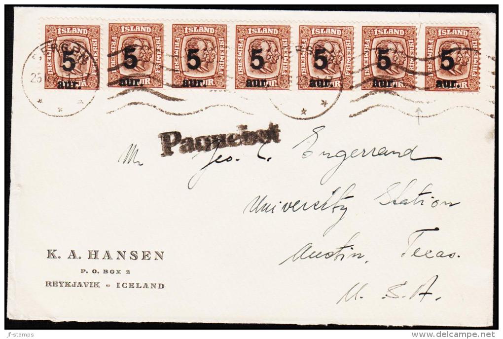 1921. Surcharge. Two Kings. 5 Aur On 16 Aur Brown 7-Strip BERGEN 25 II 23. + PAQUEBOT. ... (Michel: 105) - JF181833 - Storia Postale