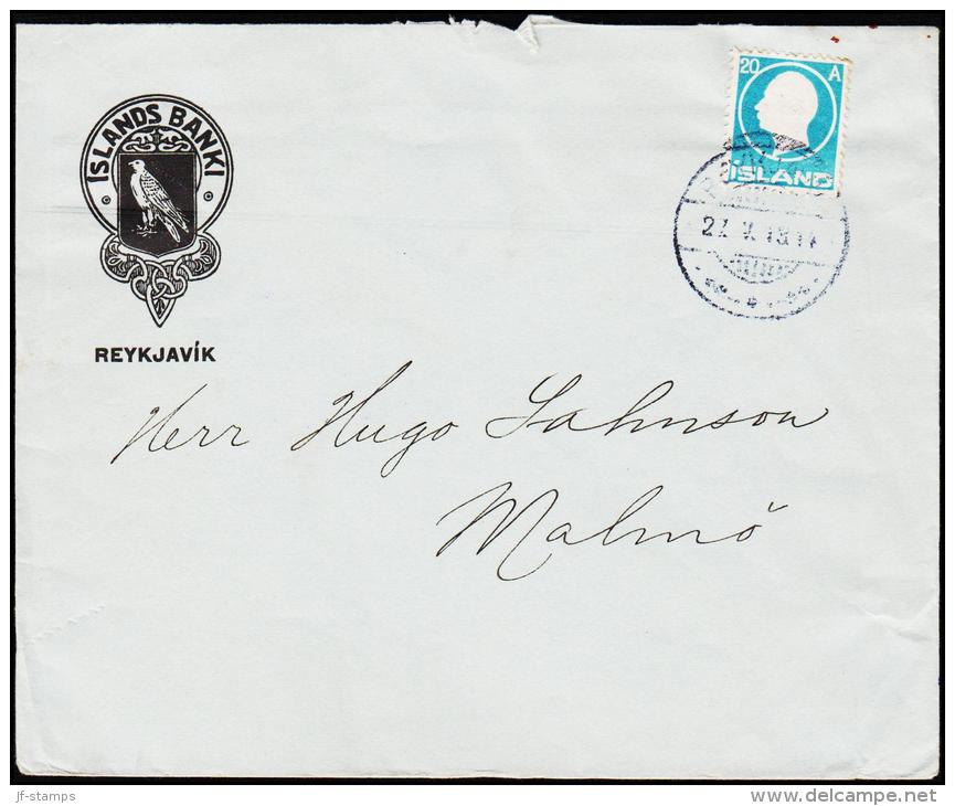 1912. King Frederik VIII. 20 Aur Blue REYKJAVIK 27. X. 1914. To Malmö From ISLANDS BANK... (Michel: 71) - JF181822 - Storia Postale