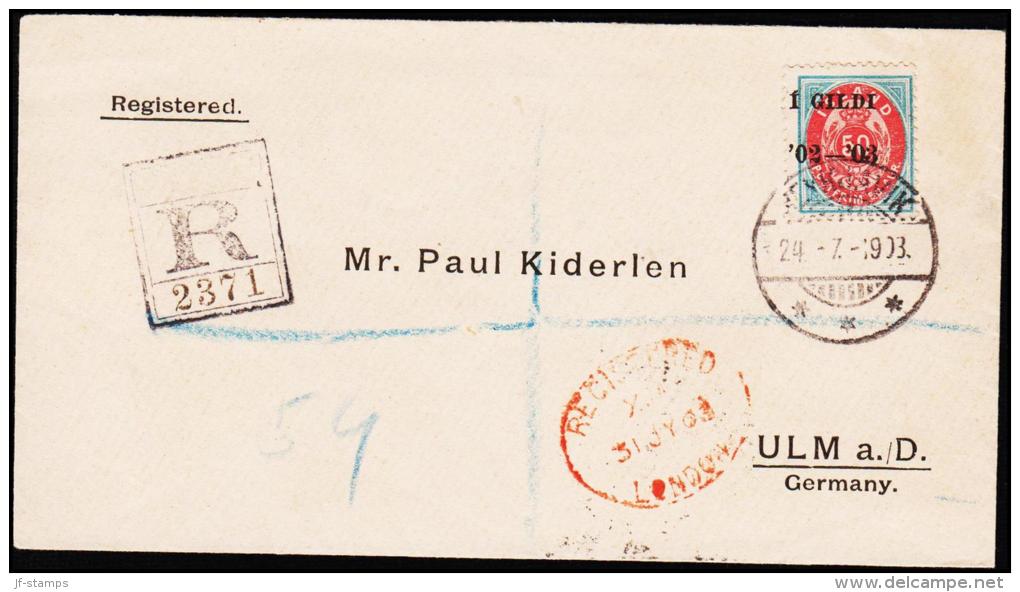 1902. I GILDI. 50 Aur Blue/red. Perf. 12 3/4. Black Overprint.  REYKJAVIK 24. 7. 1903. ... (Michel: 33B) - JF181811 - Covers & Documents