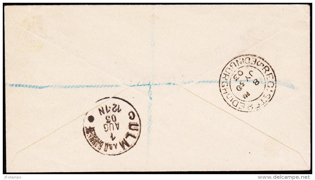 1902. I GILDI. 50 Aur Blue/red. Perf. 12 3/4. Black Overprint.  REYKJAVIK 24. 7. 1903. ... (Michel: 33B) - JF181811 - Brieven En Documenten