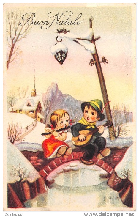 03313 "BUON NATALE" BAMBINI, FLAUTO, MANDOLINO, FIUME, PONTE, PAESAGGIO, UCCELLINI, NEVE, FIRMATA. CART.  SPED. 1951 - Altri & Non Classificati