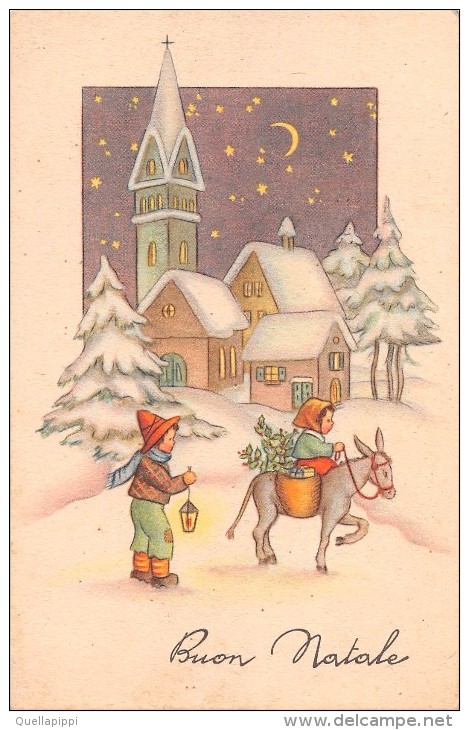 03316 "BUON NATALE" BAMBINI, ASINO, GERLE, VISCHIO, LANTERNA, PAESAGGIO, LUNA E STELLE,  NEVE. CART.  SPED. 1952 - Altri & Non Classificati