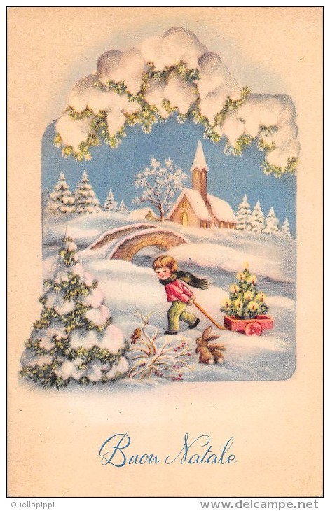 03317 "BUON NATALE" BAMBINA, CARRETTO, ABETE, CONIGLIETTI, PAESAGGIO,  NEVE. CART.  NON SPED. - Altri & Non Classificati