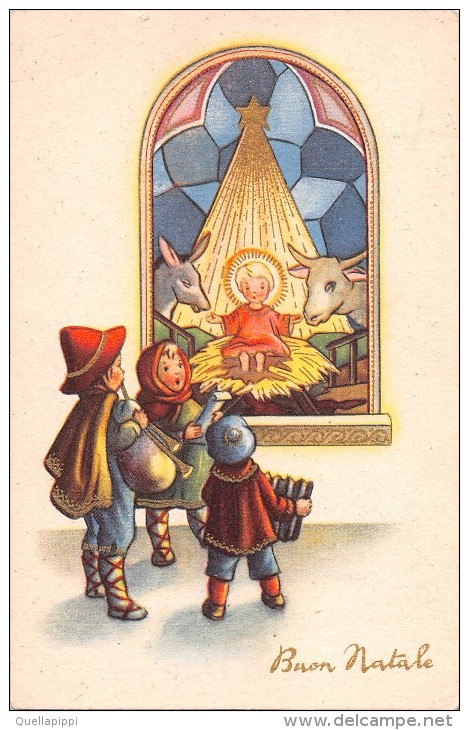 03318 "BUON NATALE" BAMBINI,  ZAMPOGNA, FISARMONICA, PRESEPE, DECORO ORO. CART.   SPED. 1951 - Altri & Non Classificati