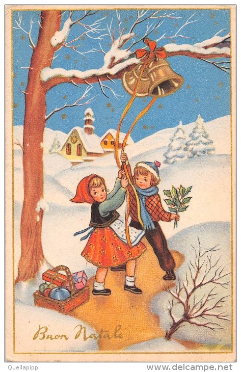 03320 "BUON NATALE" BAMBINI, NEVE, PAESAGGIO, CESTO CON DONI, VISCHIO, CAMPANE, DECORO ORO. CART. NON  SPED. - Altri & Non Classificati