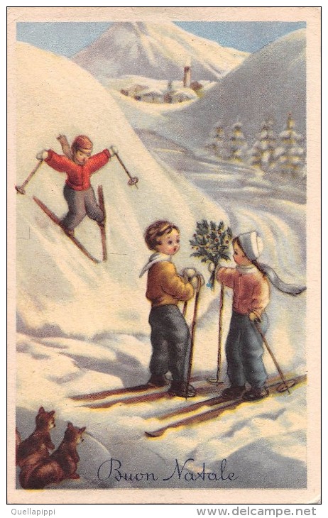 03322 "BUON NATALE" BAMBINI, NEVE, VISCHIO, SCI, RACCHETTE. CART.  SPED. 1957 - Altri & Non Classificati