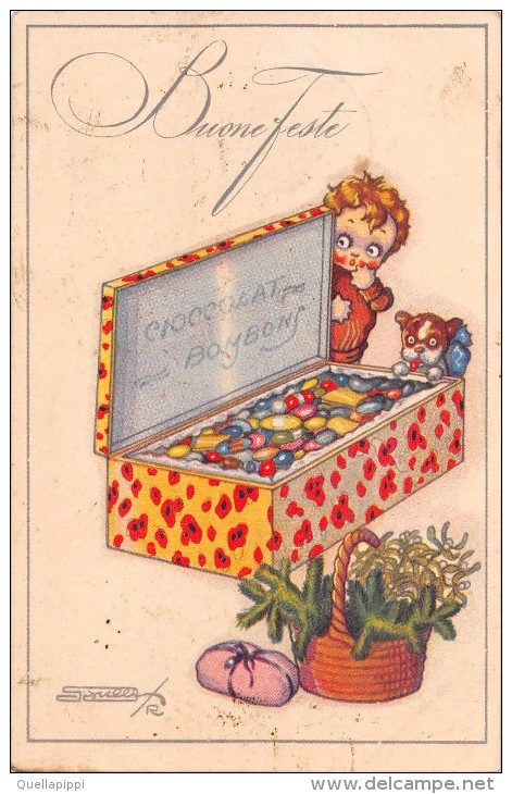 03325 "BUONE FESTE" BAMBINO, SCATOLA DI CIOCCOLAT BOMBONS, CANE, CESTO VIMINI, VISCHIO, DONO,. CART.  SPED. 1920 - Altri & Non Classificati