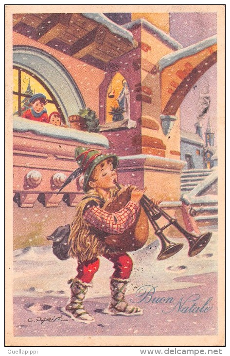 03328 "BUON NATALE" BAMBINI, ZAMPOGNARO, PAESAGGIO, NEVE. CART.  SPED. 1957 - Altri & Non Classificati