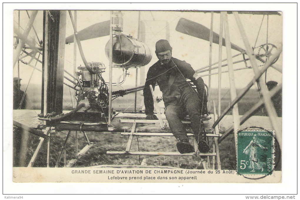 GRANDE SEMANINE D' AVIATION DE CHAMPAGNE  ( 25 Août ) / LEFEBVRE PREND PLACE DANS SON APPAREIL / VIGNETTE REIMS 1910 - Demonstraties