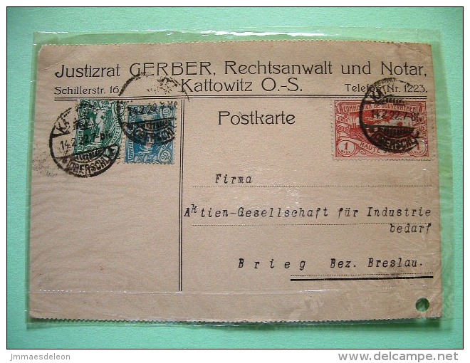 Upper Silesia (Poland) 1922 Postcard Kattowitz To Breslau - #20 (2x) + #28 - Silesia