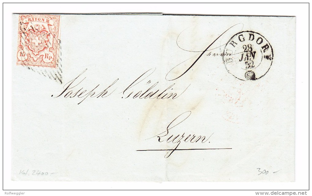 Heimat BE BURGDORF 28.1.1852 Mit Rayon III 15Rp. Auf Brief Nach Luzern - 1843-1852 Timbres Cantonaux Et  Fédéraux