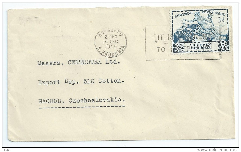 Southern Rhodesia 1949 UPU As Single On Cover To Czechoslovakia (SN 2440) - Southern Rhodesia (...-1964)