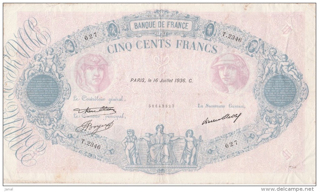 - BILLETS - 500 F - BLEU ET ROSE - N° H .2346 - 627 - 16 JUILLET 1936 - 500 F 1888-1940 ''Bleu Et Rose''