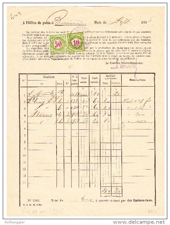 Heimat BE BIEL-BIENNE 50Rp. + 10Rp. Porto Auf Post Beleg Vom 9.1898 - Portomarken