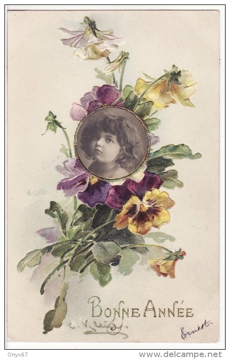 Carte Postale Fantaisie C.KLEIN - FLEUR Pensée  - Bonne Année - Montage Photo Jeune Fille En Médaillon - RARE  2 SCANS - - Klein, Catharina