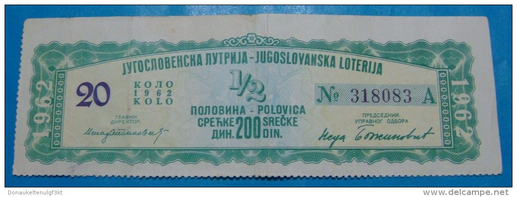 YUGOSLAVIA 200 DINARA 1962, LOTTERY TICKET, VF+, RARE, GREEN - Joegoslavië