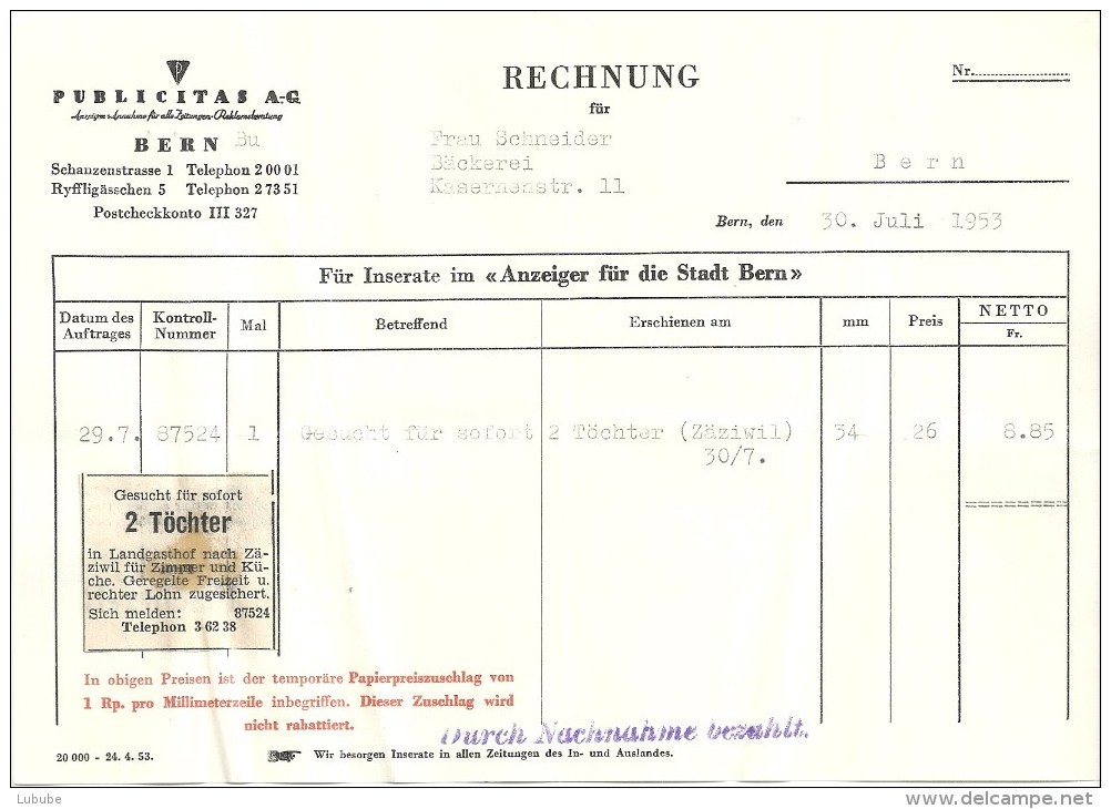 Rechnung  "Publicitas AG, Bern"          1953 - Schweiz