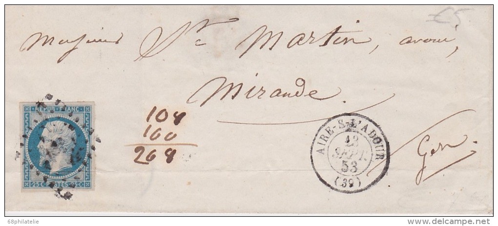 FRANCE  1853 LETTRE DE AIRE SUR L'ADOUR - 1853-1860 Napoléon III