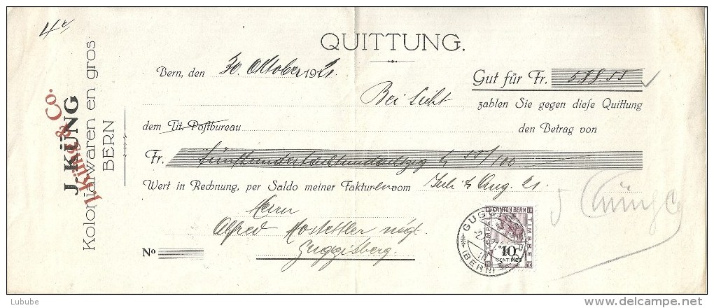 Quittung  "J.Küng, Kolonialwaren En Gros, Bern" - Guggisberg       1921 - Svizzera