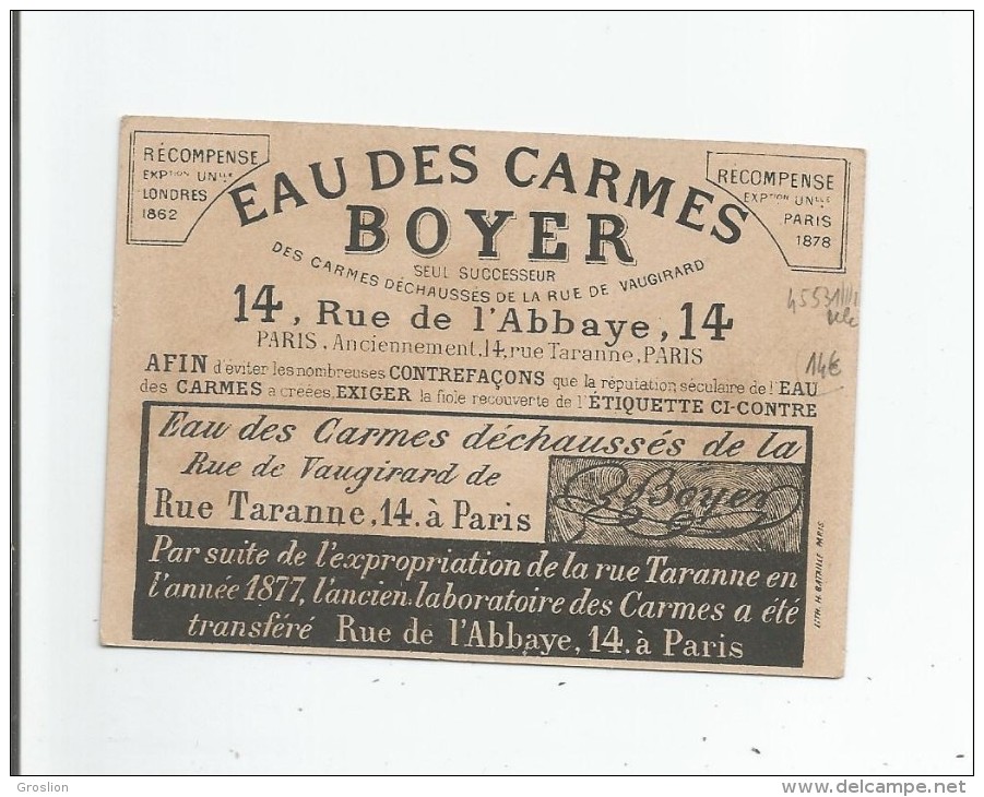 EAU DES CARMES BOYER (MELISSE) CHROMO LA PECHE - Profumeria Antica (fino Al 1960)