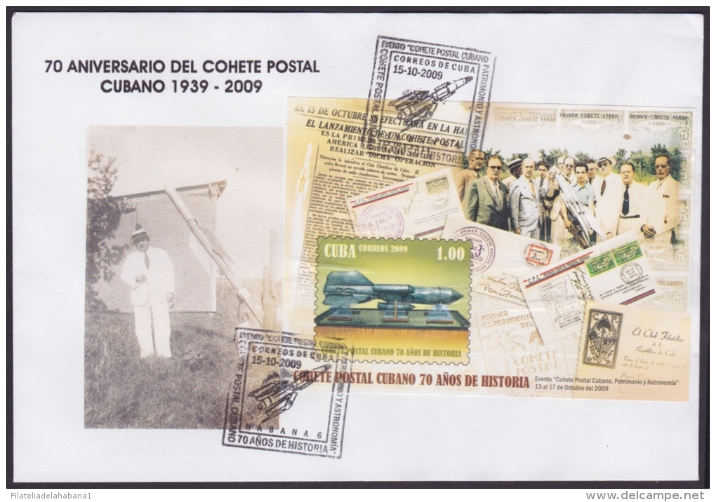 2009-CE-11 CUBA 2009. SPECIAL CANCEL.70 ANIV COHETE POSTAL. POSTAL ROCKET BLACK CANCEL. PRECURSORES: FUNES - Briefe U. Dokumente