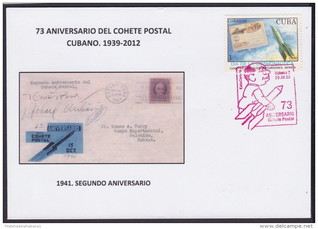 2012-CE-3 CUBA 2012. SPECIAL CANCEL.73 ANIV COHETE POSTAL. POSTAL ROCKET RED CANCEL. 1941 II ANIVERSARIO. - Covers & Documents