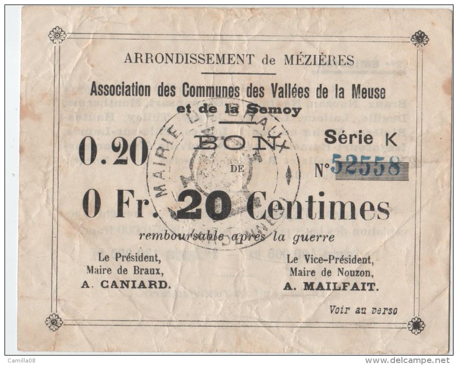 ARRONDISSEMENT DE MEZIERES.VALLEES DE LA MEUSE ET DE LA SEMOY.0.FR 20 CTS - Bons & Nécessité