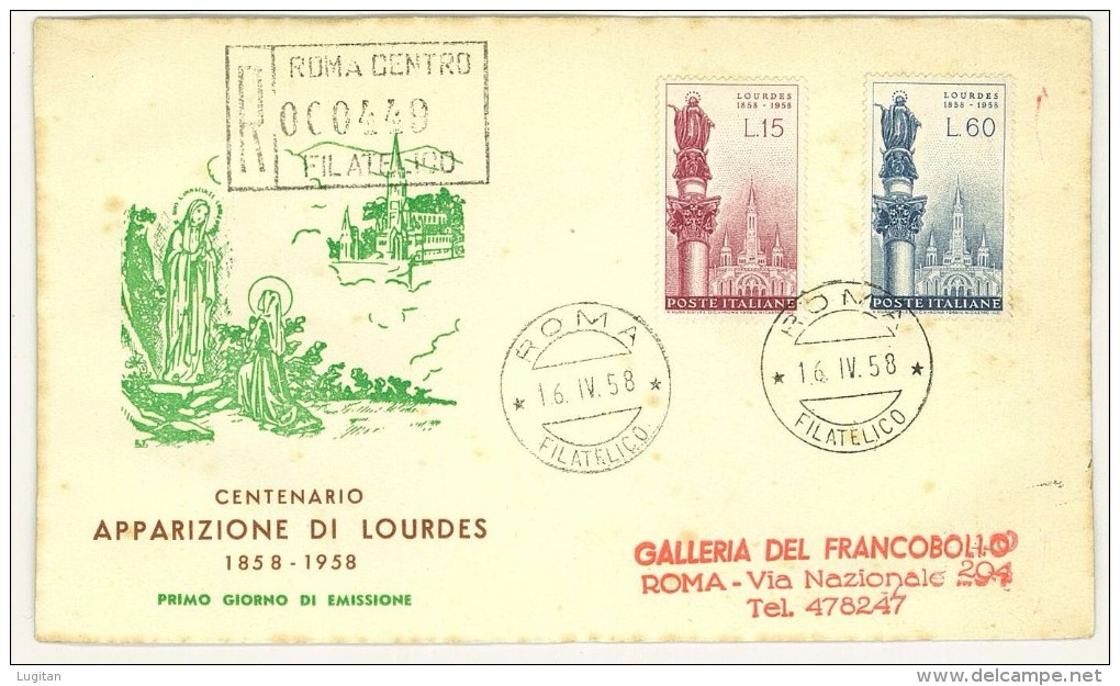 I. REPUBBLICA - ANNO 1958 -  BUSTA ROMA - FDC - CENTENARIO APPARIZIONE DI LOURDES - RACCOMANDATA - FDC