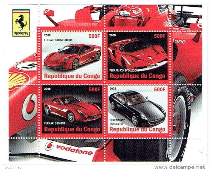 CONGO 2008, FERRARI, 4 Valeurs En Feuillet, Neuf / Mint. R2259 - Automobile