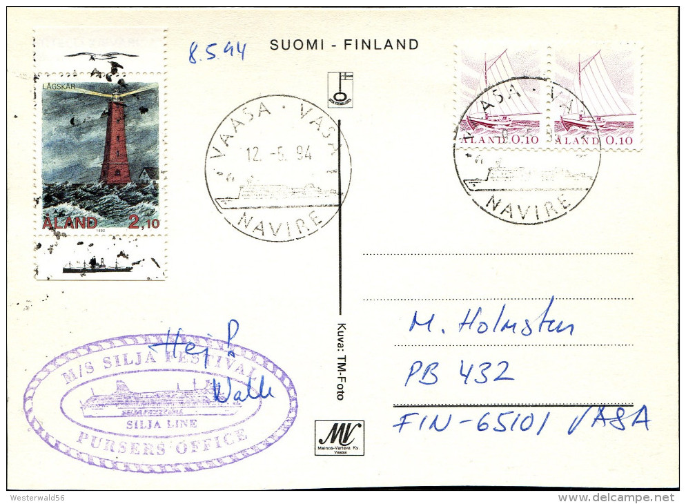 (1559) Aland Schiffspost SILJA LINE, M/S Silja Festival Pursers Office, Vom Mai 1994 Gest., Strecke: VASA - UMEA - Aland