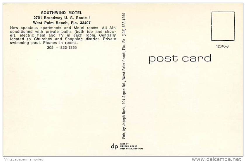 258249-Florida, West Palm Beach, Southwind Motel, Route 1, 50s Car, Joseph Back By Dexter Press No 12340-B - West Palm Beach