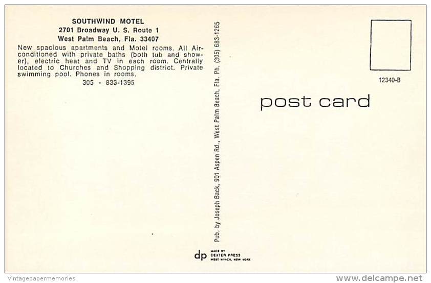 258251-Florida, West Palm Beach, Southwind Motel, Route 1, 50s Car, Joseph Back By Dexter Press No 12340-B - West Palm Beach